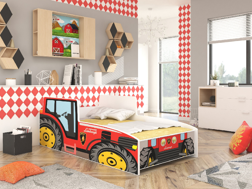 Dětská postel 140x70 cm Traktorista (s roštem a matrací) (červená)