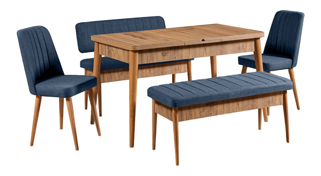 Rozkládací jídelní stůl se 2 židlemi a 2 lavicemi Vlasta (ořech + tmavě modrá)