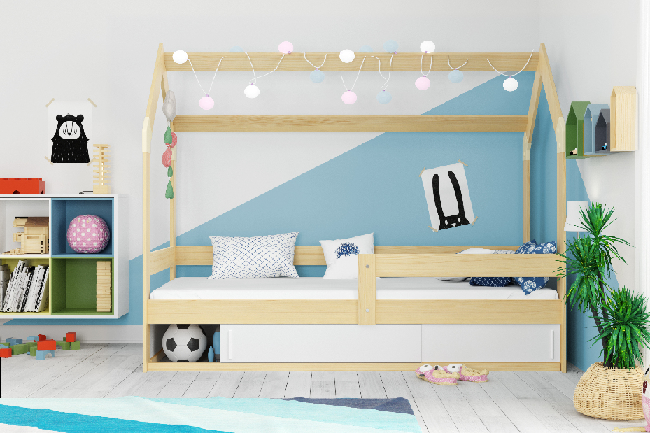 Dětská postel 80 cm Dormo (borovice + bílá) (s roštem, matrací a úl. prostorem)