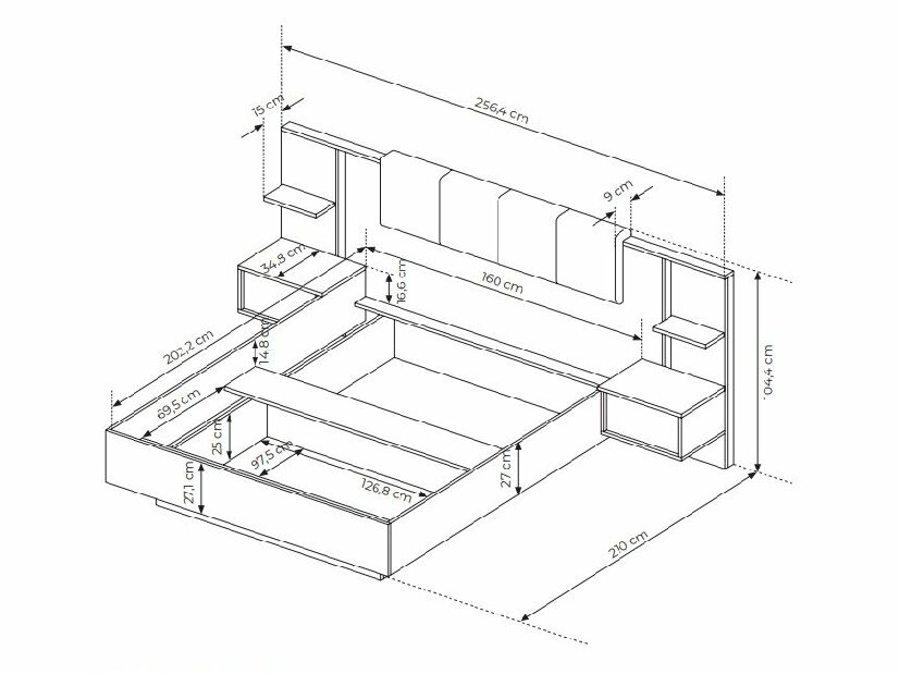 Manželská postel 160 cm s nočními stolky Danton K (s úložným prostorem) (bez matrace a roštu) (béžová)