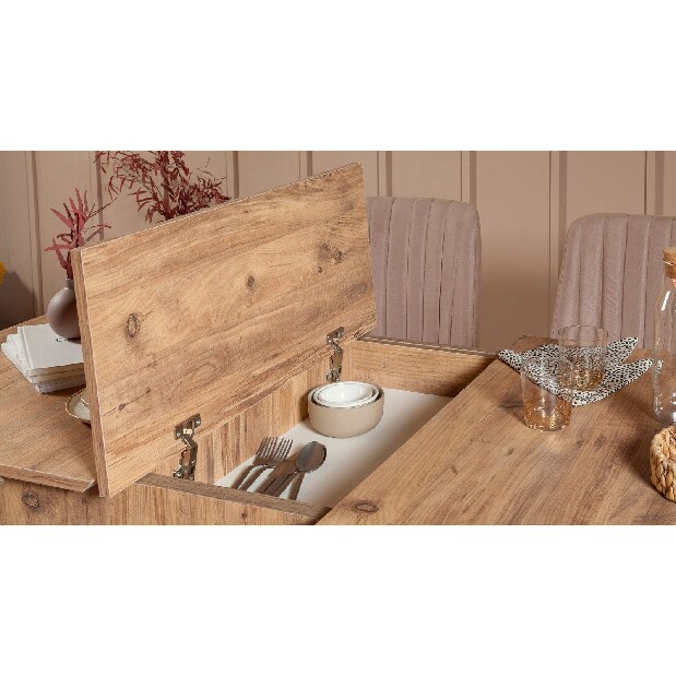 Rozkládací jídelní stůl se 2 židlemi a 2 lavicemi Vlasta (borovice antlantic + šedá)
