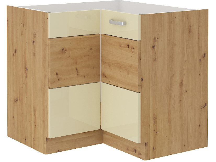 Rohová dolní kuchyňská skříňka Arryn 89x89 DN 1F BB (dub artisan + lesk krémový)