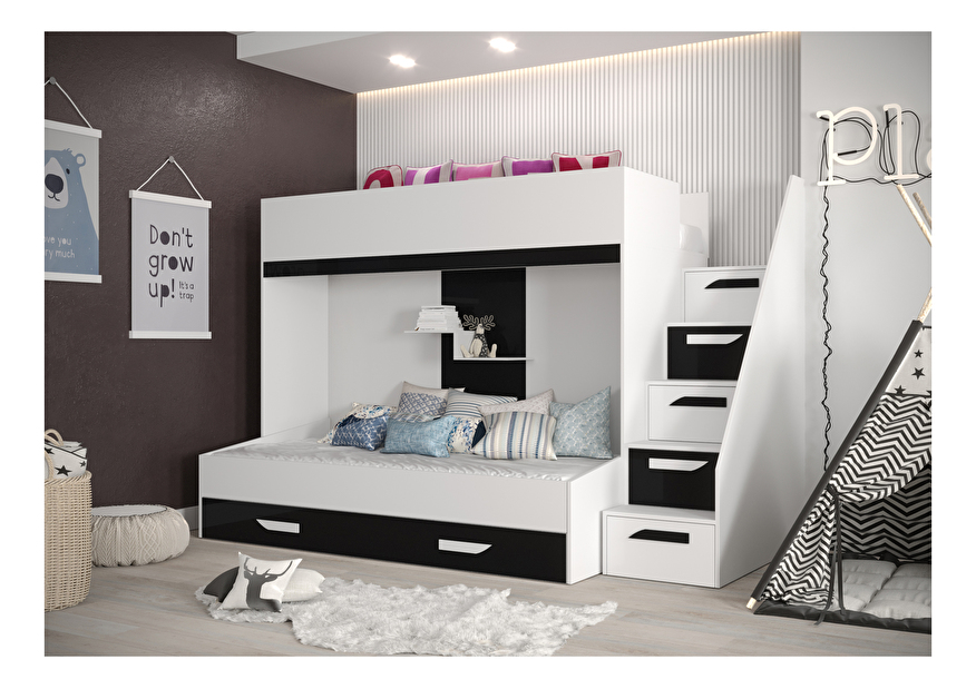Dětská kombinovaná postel 90 cm Puro 16 (matná bílá + bílý lesk + černý lesk)