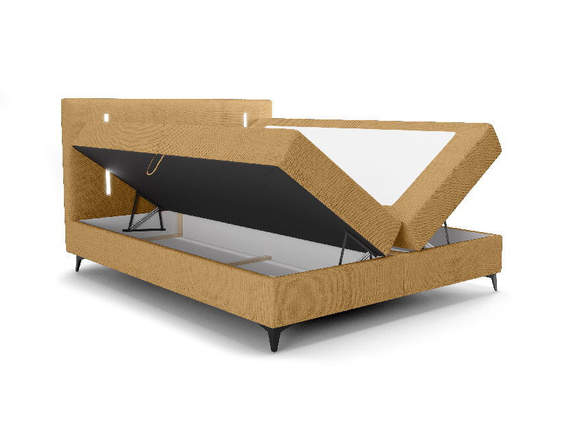 Manželská postel 200 cm Ortega Bonell (hořčicová) (s roštem, s úl. prostorem) (s LED osvětlením)