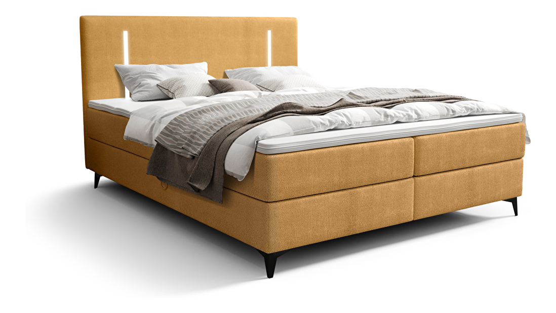 Manželská postel 200 cm Ortega Bonell (hořčicová) (s roštem, s úl. prostorem) (s LED osvětlením)