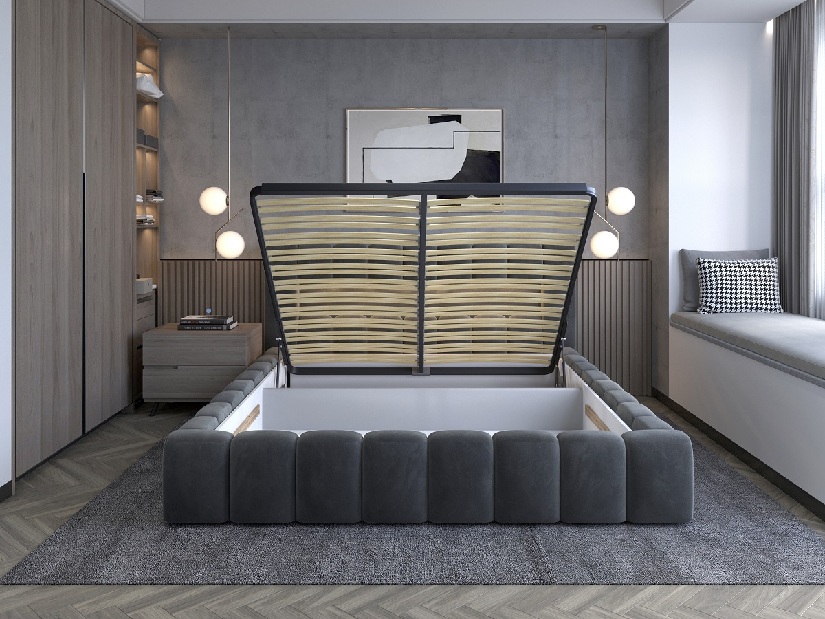 Manželská postel 180 cm Luxa (hořčicová) (s roštem, úl. prostorem a LED)