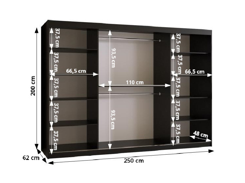 Šatní skříň Riven 2 250 (bílá matná + černá matná) (se zrcadlem)