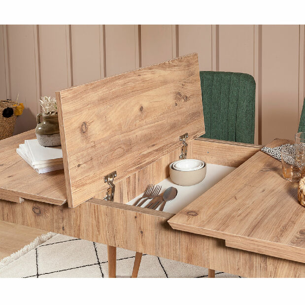 Rozkládací jídelní stůl se 2 židlemi a 2 lavicemi Vlasta (borovice antlantic + zelená)