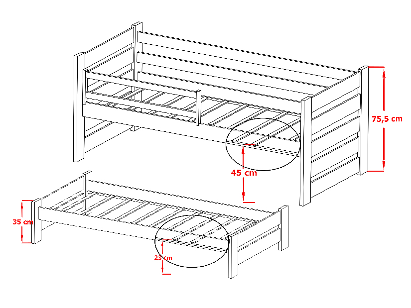 Dětská postel 80 cm Keith (s roštem a úl. prostorem) (borovice)