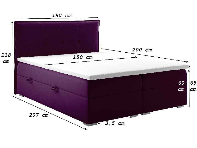 Manželská postel Boxspring 180 cm Carla (fialová)(s úložným prostorem)