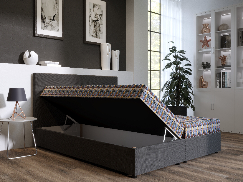 Manželská postel Boxspring 180 cm Skonto (tmavě šedá + vzor pletený) (s matrací a úložným prostorem)
