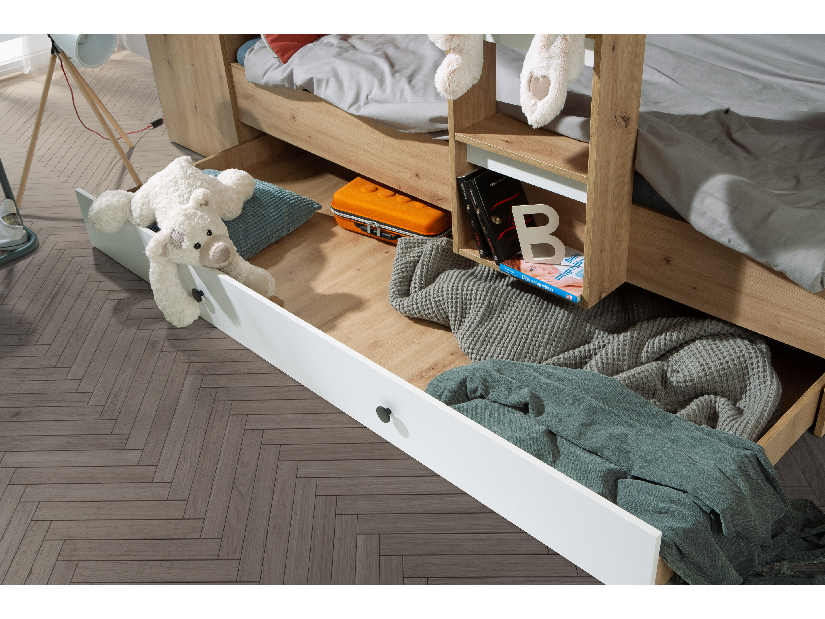 Dětská kombinovaná postel 90 cm Sami 2 (dub artisan + matná bílá + černá madla)