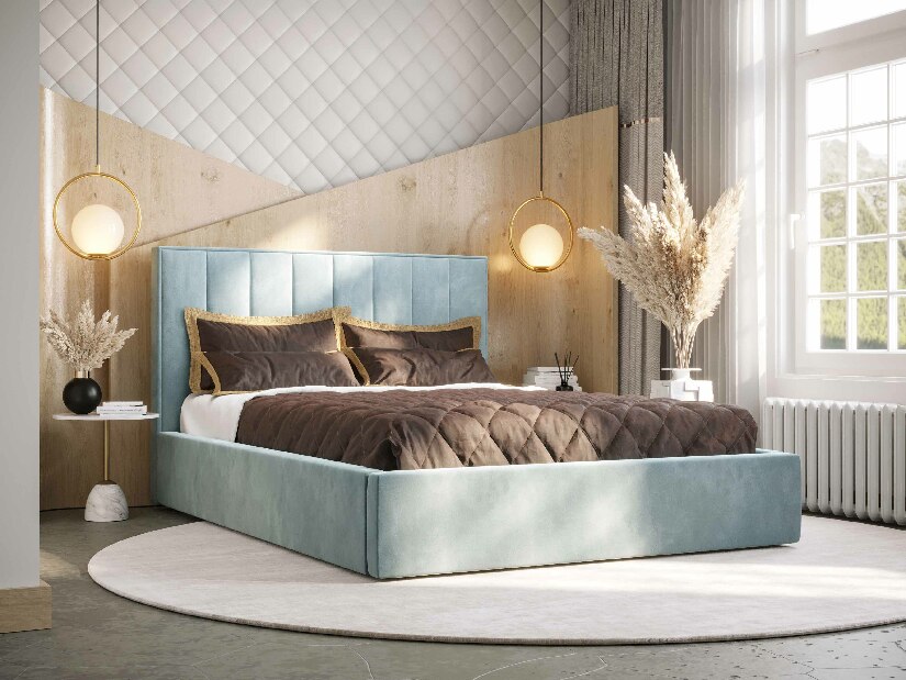 Manželská postel 160 cm Ocie (modrá) (s roštem a úložným prostorem)