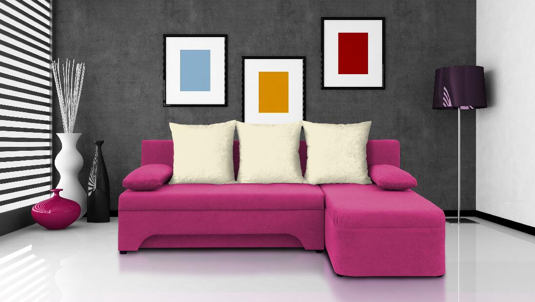 Rohová sedačka Saline růžová + krémové polštáře (2 úložné prostory, pěna)