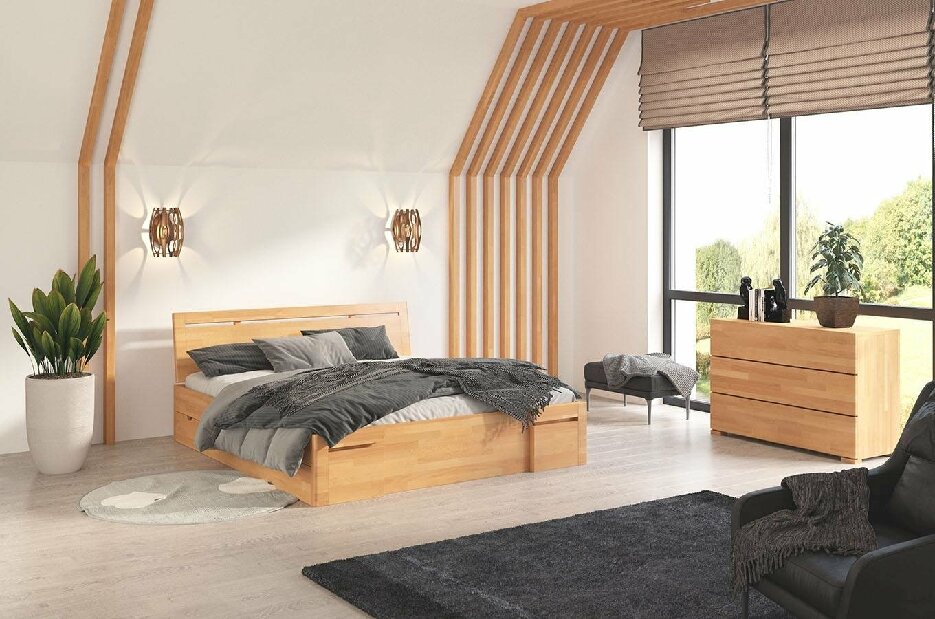 Manželská postel 180 cm Naturlig Bokeskogen High Drawers (buk) (s roštem)