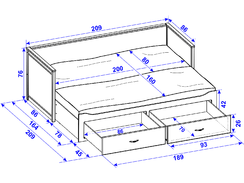 Rozkládací postel 80 cm Daybed Comfort (s roštem a úl. Prostorem) (šedá)