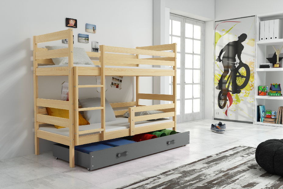 Patrová postel 90 x 200 cm Eril B (borovice + grafit) (s rošty, matracemi a úl. prostorem)