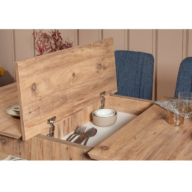 Rozkládací jídelní stůl se 2 židlemi a lavicí Vlasta (borovice antlantic + tmavě modrá)