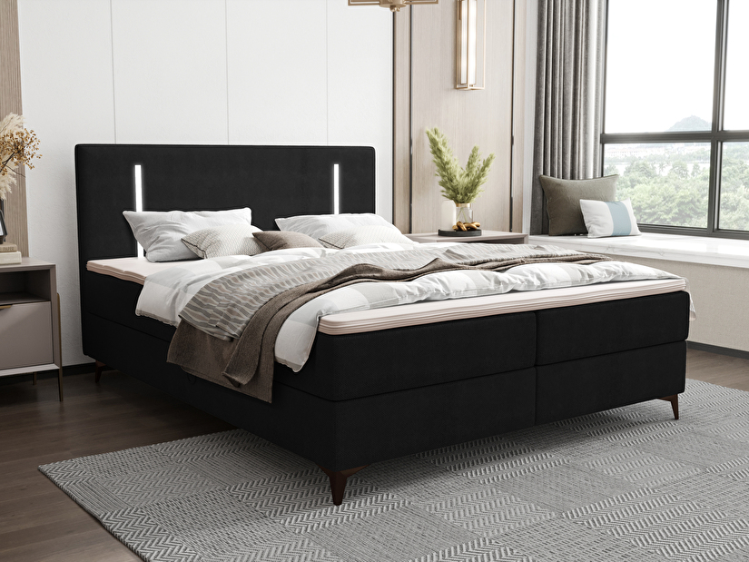 Manželská postel 180 cm Ortega Comfort (černá) (s roštem a matrací, s úl. prostorem) (s LED osvětlením)