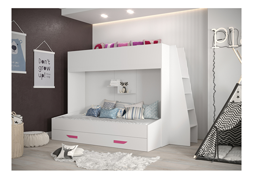 Dětská kombinovaná postel 90 cm Puro 17 (matná bílá + bílý lesk + růžové úchytky)