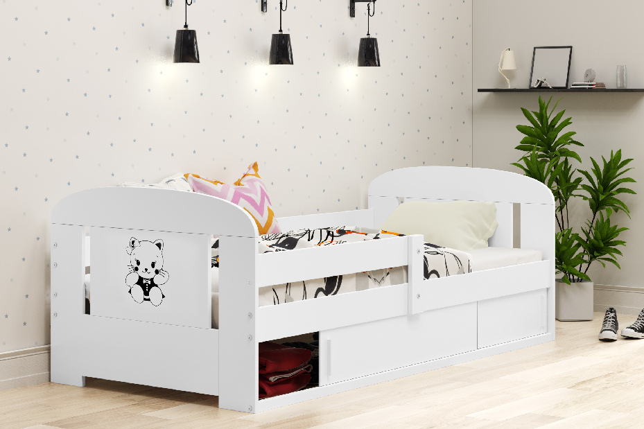 Dětská postel 80 cm Fimmo (bílá + kočička) (s roštem, matrací a úl. prostorem)