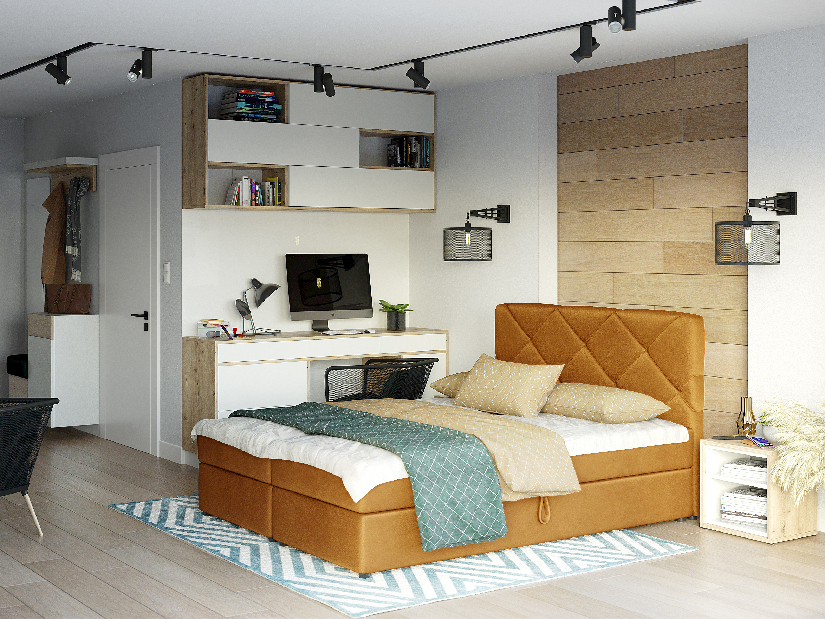 Kontinentální postel 160x200 cm Karum Comfort (hořčicová) (s roštem a matrací)