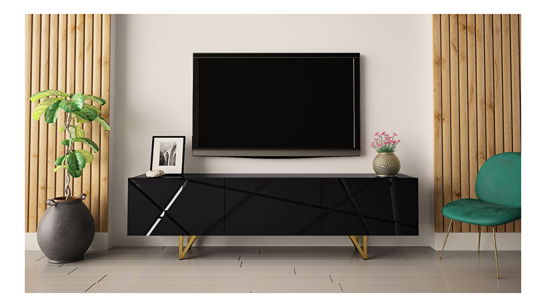 TV stolek/skříňka 180 Nivotis 01 (černá + černý lesk + zlatá) *výprodej