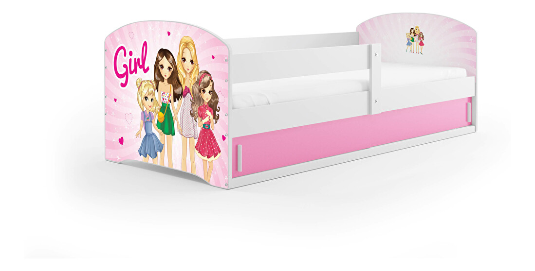 Dětská postel 80 x 160 cm Lukan (bílá + vzor girls) (s roštem, matrací a úl. prostorem)
