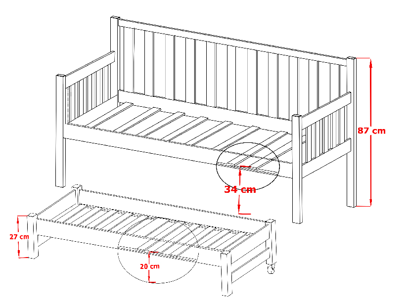 Dětská postel 90 cm SUZI (s roštem a úl. prostorem) (grafit)