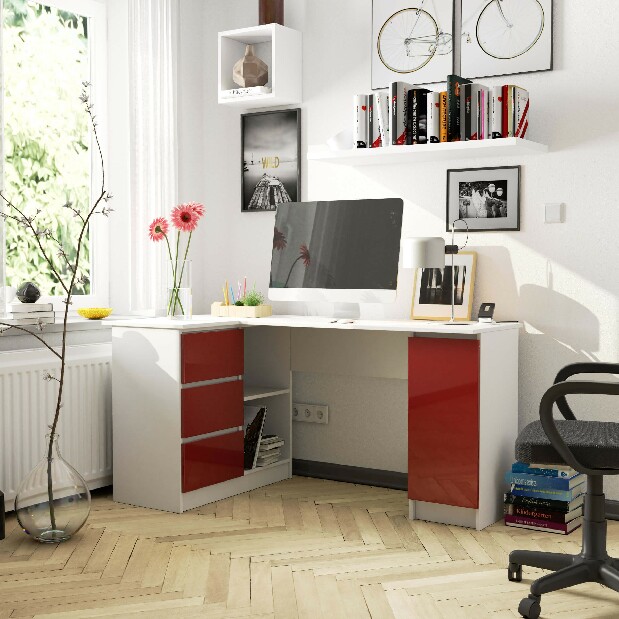 Rohový PC stolek Bevin (červený lesk) (L)