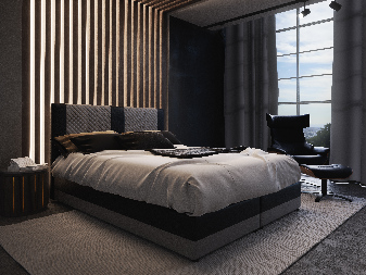Manželská postel Boxspring 140 cm Pecos Comfort (ekokůže + šedá + černá) (s matrací a úložným prostorem)