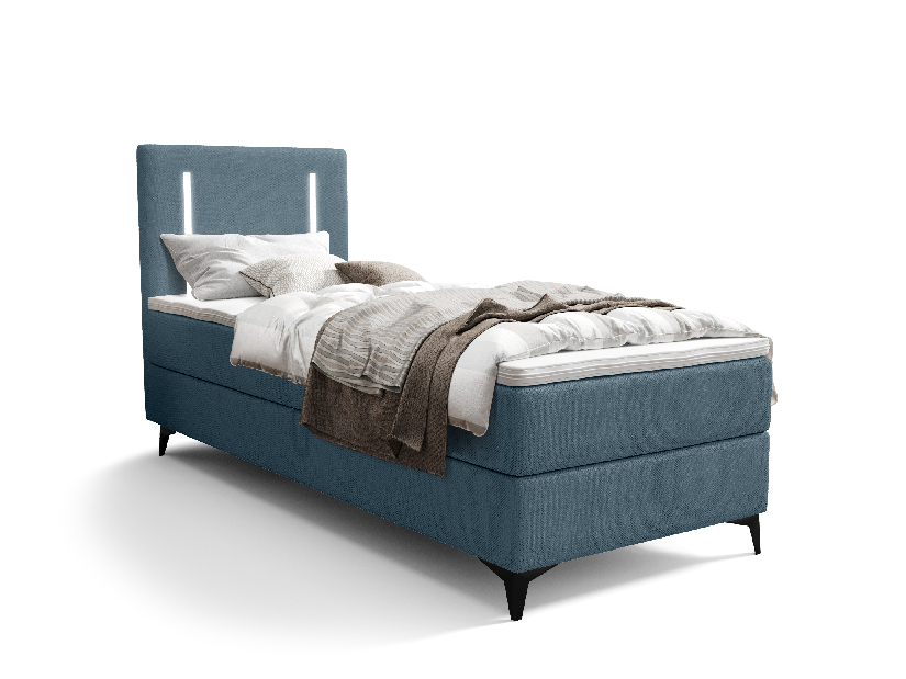 Jednolůžková postel 90 cm Ortega Comfort (světlomodrá) (s roštem a matrací, s úl. prostorem) (s LED osvětlením)