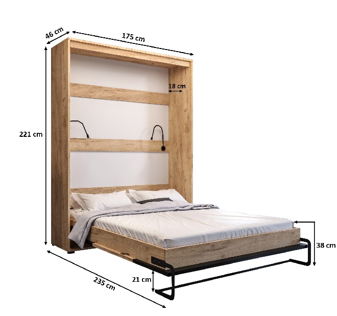 Sklapovací postel 160 Cassie (craft zlatý + černá matná) (vertikální) (s osvětlením)
