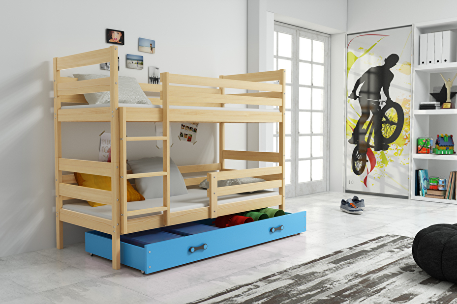 Patrová postel 80 x 190 cm Eril B (borovice + modrá) (s rošty, matracemi a úl. prostorem)