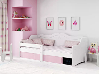 Dětská postel 80 cm Jalua (bílá + růžová) (s roštem, matrací a úl. prostorem)