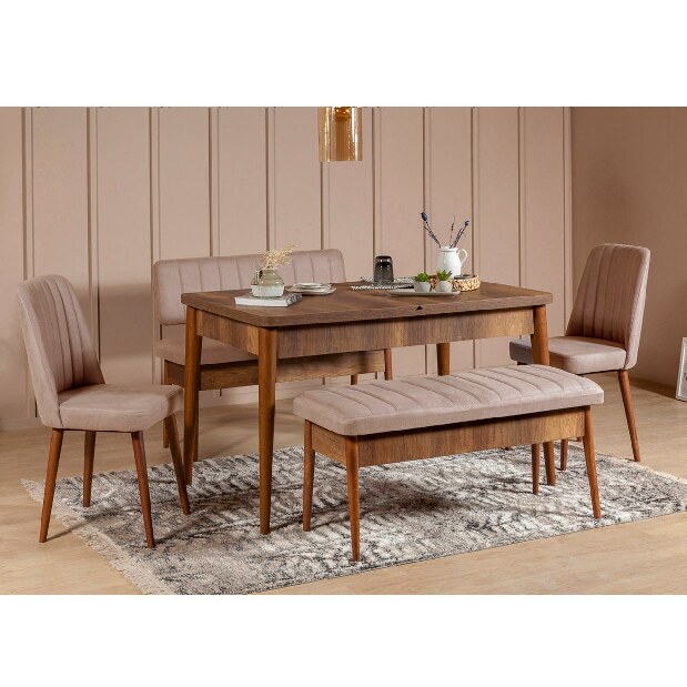 Rozkládací jídelní stůl se 2 židlemi a 2 lavicemi Vlasta (ořech + šedá)