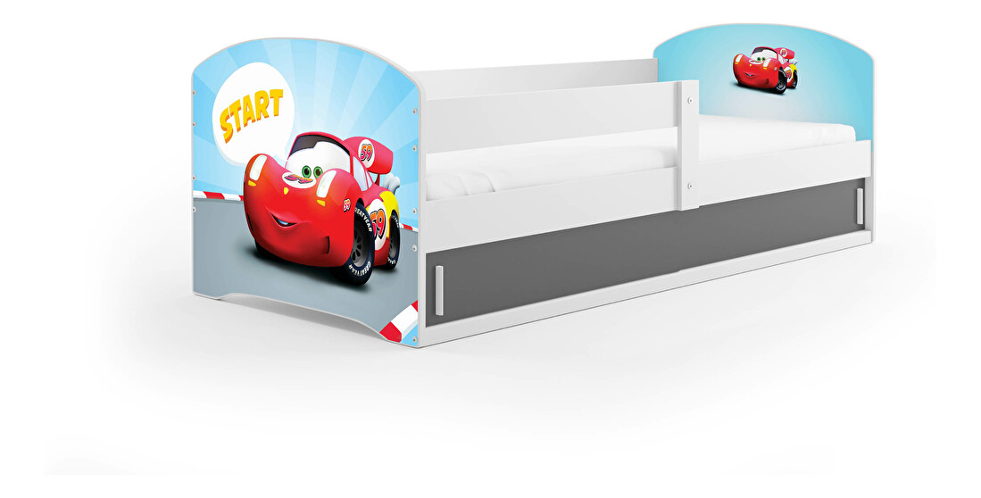 Dětská postel 80 x 160 cm Lukan (bílá + vzor cars) (s roštem, matrací a úl. prostorem)