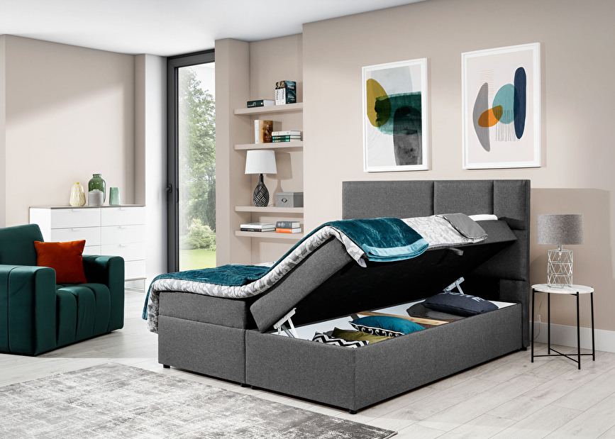 Manželská postel Boxspring 160 cm Florio (šedá) (s matracemi a úl. prostorem)