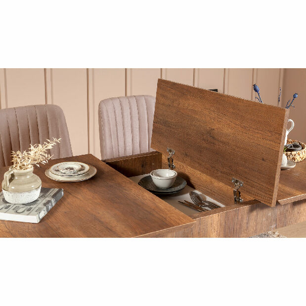 Rozkládací jídelní stůl se 2 židlemi a lavicí Vlasta (ořech + šedá)