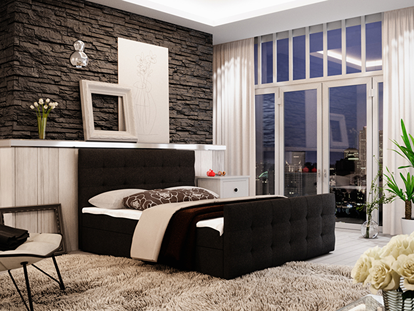 Manželská postel Boxspring 200 cm Milagros 2 (černá) (s matrací a úložným prostorem)