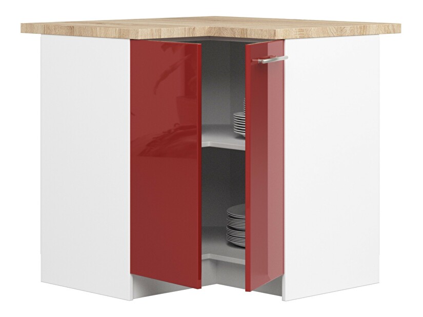 Rohová dolní kuchyňská skříňka Ozara S90 90 (bílá + červený lesk)