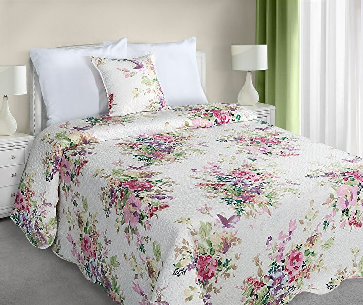 Přehoz na postel 240x220 cm Elin (bílá + růžová + fialová)