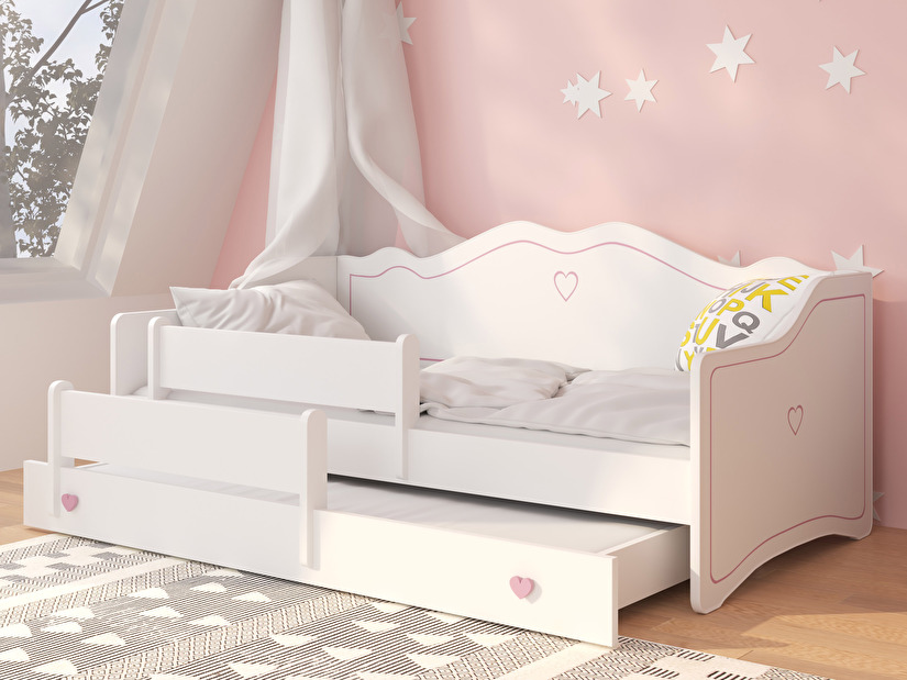 Rozkládací dětská postel 160x80 cm Ester II (s roštem a matrací) (bílá + růžová + vzor)