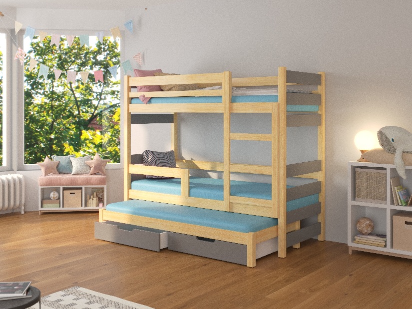 Patrová dětská postel 180x75 cm Karin (s roštem a matrací) (borovice + šedá)