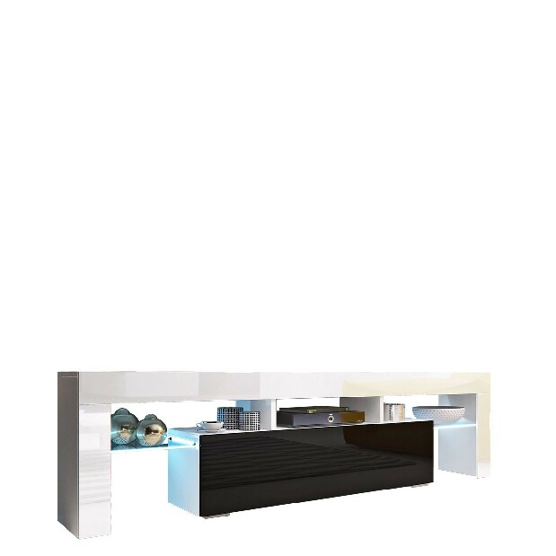 TV stolek/skříňka Gordo 158 (s modrým LED osvětlením) (bílá + černý lesk)*výprodej