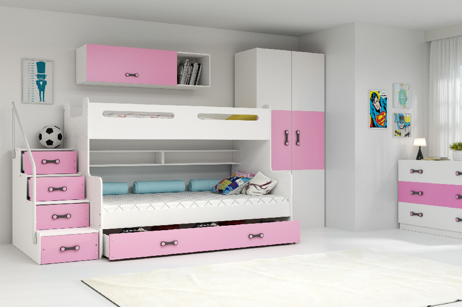 Patrová postel 120 x 200 cm Moxxo 3 (bílá + růžová) (s rošty, matracemi a úl. prostorem)