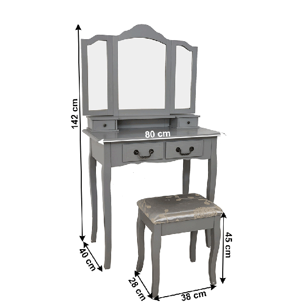 Toaletný stolík s taburetkou Galway NEW (šedá + stříbrná)