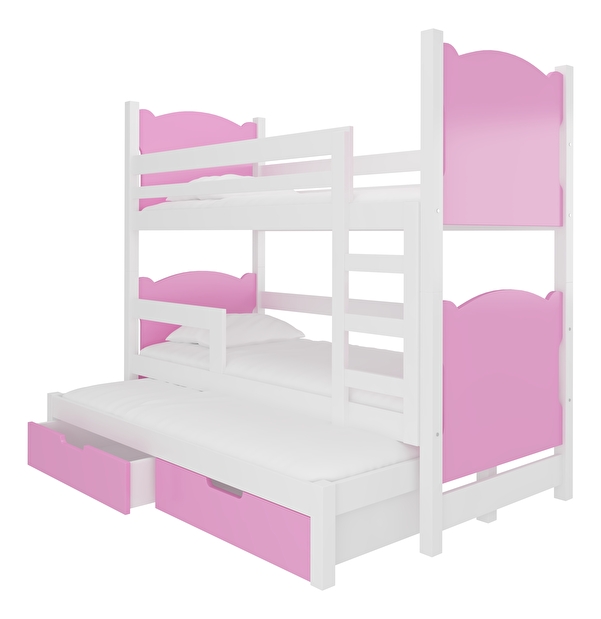 Patrová dětská postel 180x75 cm Lukrece (s roštem a matrací) (bílá + růžová)