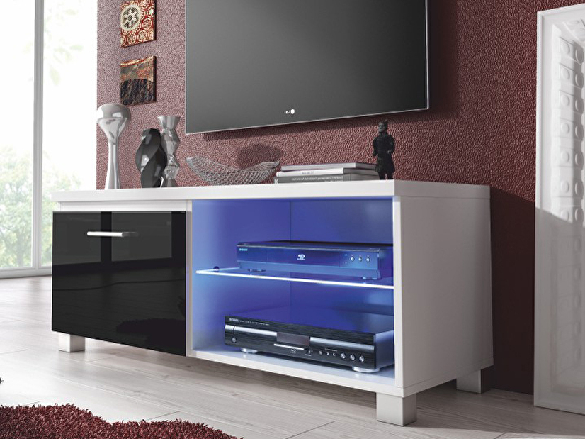 TV stolek/skříňka Lugo 1 (bílá + extra vysoký lesk černý) (s osvětlením)
