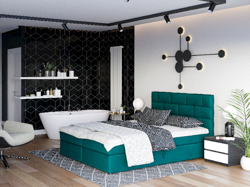 Kontinentální postel 160x200 cm Waller (tmavě zelená) (s roštem a matrací)